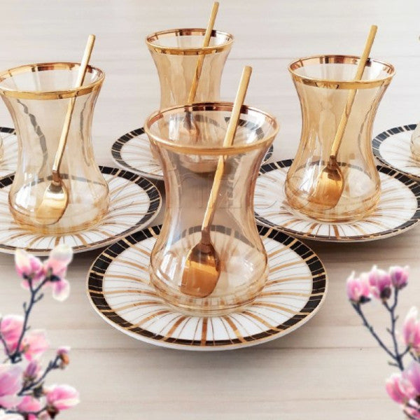 Pasabahce  Slim Waisted Gilded Honey Colored Tea Set - For 6 Persons