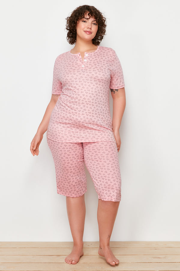 Trendyol Curve Women's Floral Short Fitted Plus Size Pajamas Set