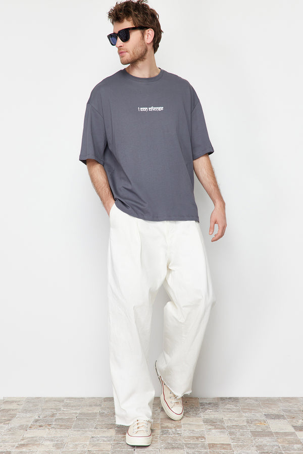 Trendyol Man Men's Gray Motto Short Oversize T-Shirt