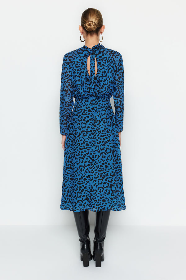 Blue Midi Leopard Print Woven Dress Twoaw24El00302