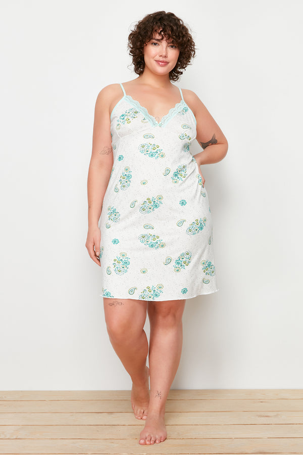 Trendyol Curve Women's Grün Floral Mini Spaghetti Straps Regular Fit Plus Size Nightgown