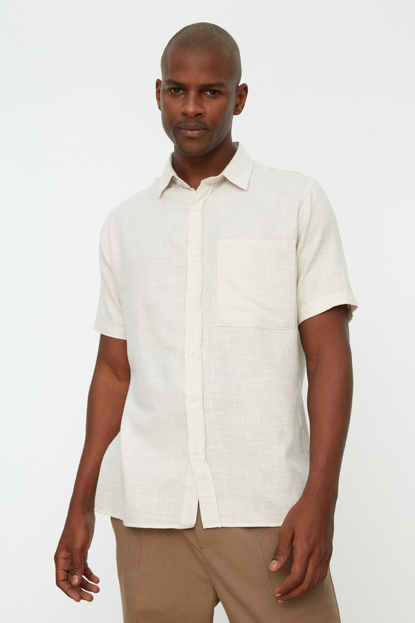 TRENDYOL MAN Men's Relaxed Fit Shirt Collar Single Pocket Short Sleeve Straw Linen Shirt TMNSS22GO0043