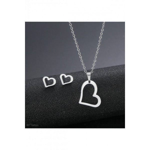 Heart Necklace And Earrings Stainless Steel Women's Accessory Silver Set