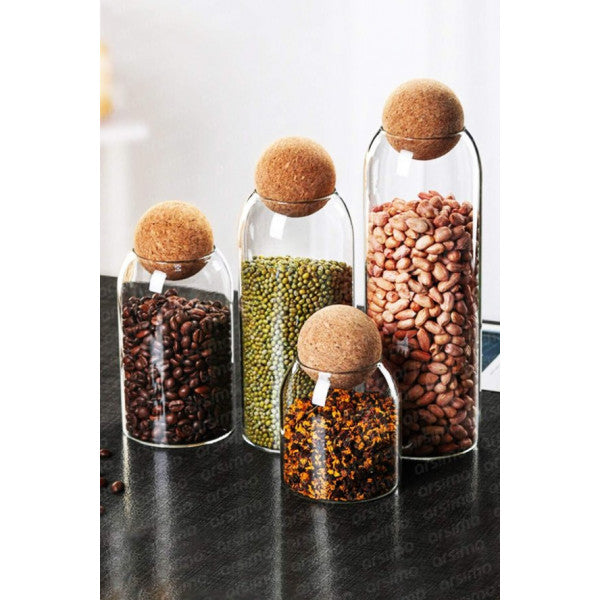 2pcs Small Glass Spices Condiment Coffee Sugar Tea Storage Jar Cork Top &  Spoon