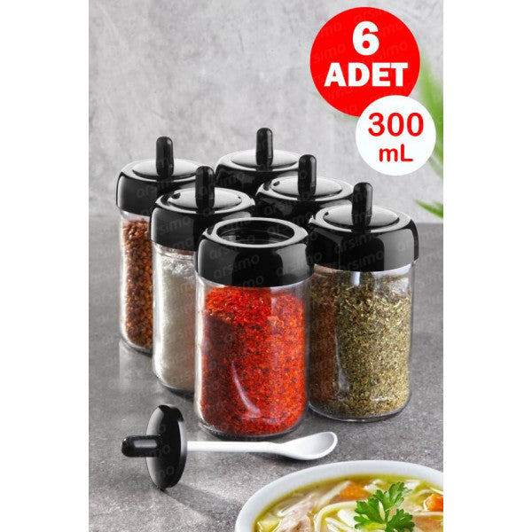 Glass Jar Spice Jar Set with Spoon 6 Pieces | Spice Jar Set with Spoon 300 Ml