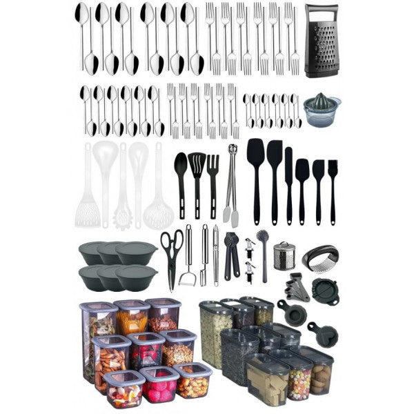 118 Piece Kitchen Dowry Set. 72 Piece Fork and Spoon Set, Food Box, Spatula Set, Ladle Set,