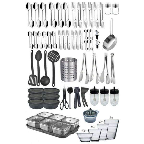 Cutlery Set for 12 Persons, 24 Piece Glass Set, Spice Jar Ladle and Tongs Set 119 Pieces