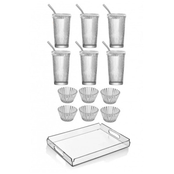 13 Piece Coffee Presentation Set, Mica Coffee Cup with Glass Straw, Mica Mini Snack Bowl and Tray