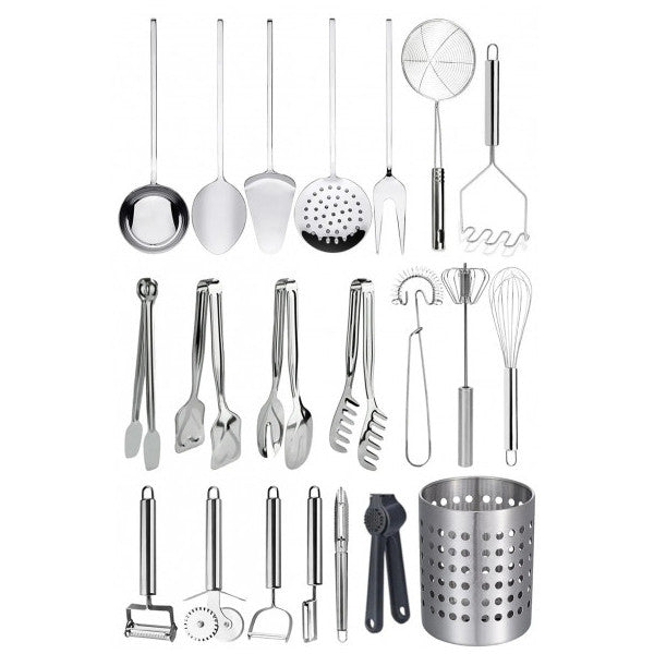 21 Piece Cooking and Serving Utensils Serving and Presentation Set Spoon Holder, Beater, Tongs, Ladle, Colander