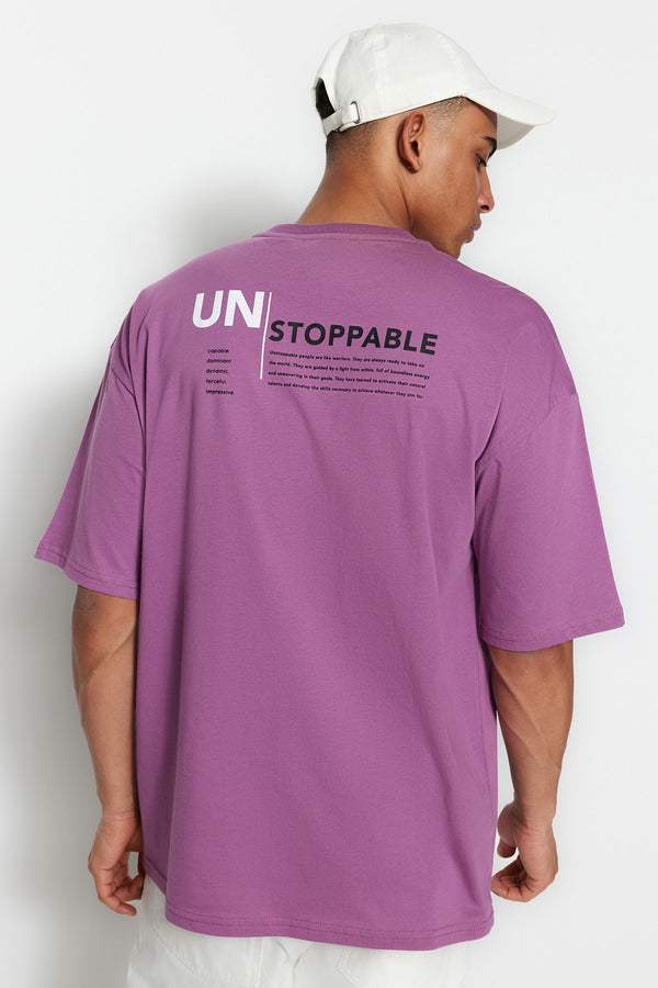 TRENDYOL MAN Plum Men's Oversize Fluffy Printed Short Sleeved T-Shirt TMNSS23TS00172