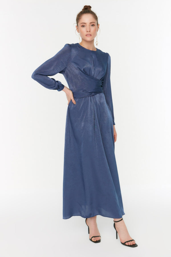 Trendyol Modest Front Sash Detailed Crew Neck Satin Woven Hijab Evening Dress Tctaw22Eb0105
