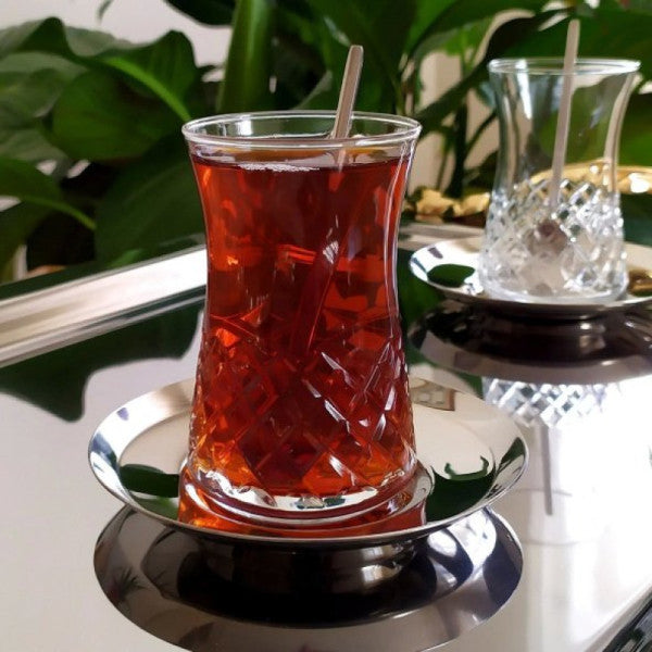 Pasabahce Diamond Cutting Decorative Steel Plate Tea Set - For 6 Persons