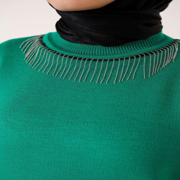 Knitwear Tunic With Chain Tassels On The Collar, Emerald