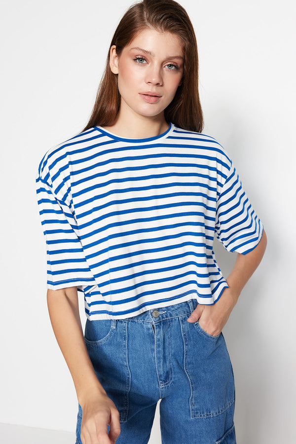 Trendyolmilla Striped Loose Crop Knitted T-Shirt Twoss23Ts00136