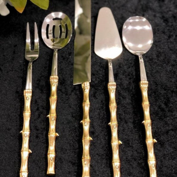 Bamboo Handle Gold Serving Spoon Set 5 Pcs.