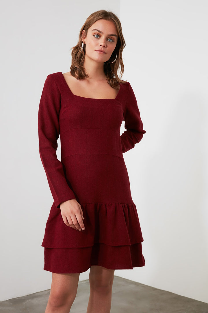 Dress |  Trendyolmilla Claret Red Square Neck Ruffle Dress Twoaw21El1227.