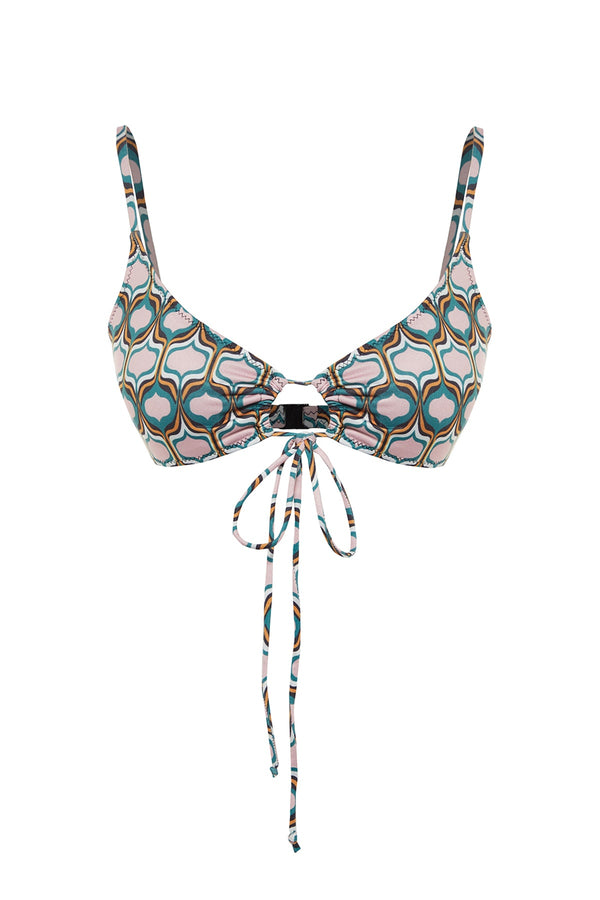 Trendyolmilla Brown Geometric Pattern Tie Detailed Bikini Top Tbess23Bu00124