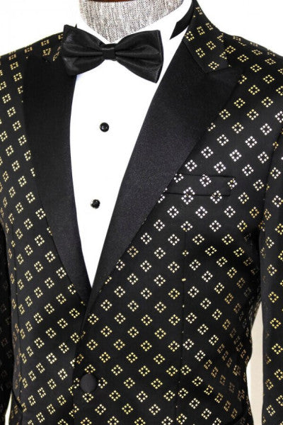 Gold Diamond Patterned Black Mens Tuxedo Jacket