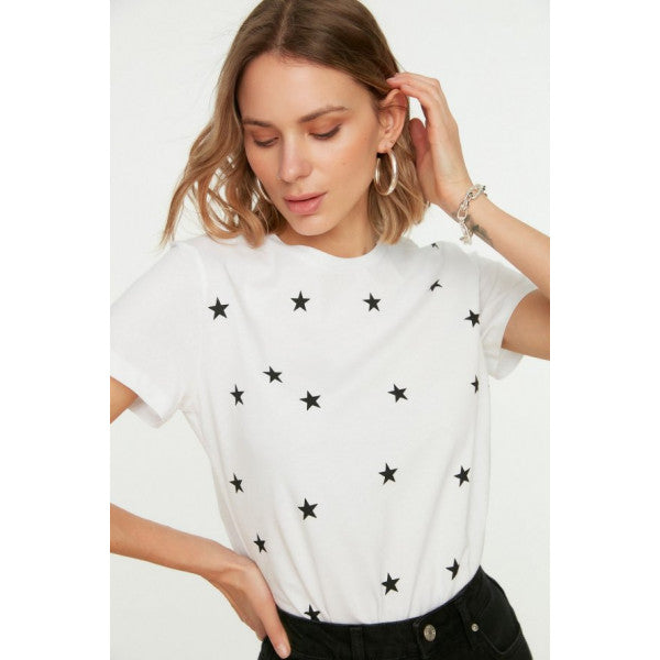 Trendyolmilla Star Printed Basic Knitted T-Shirt