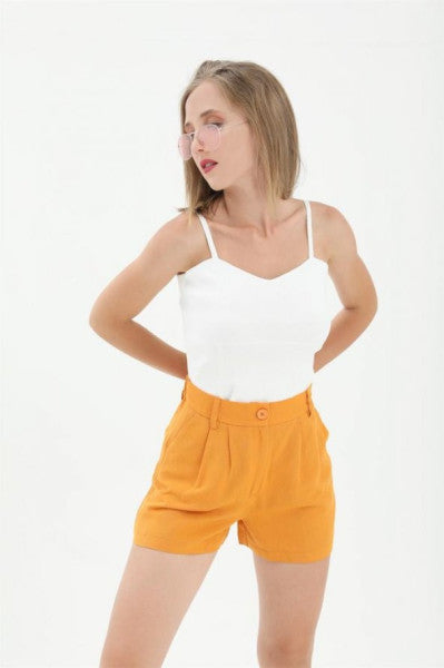 High Waist Pleated Front Waist Elastic Back Waist Linen Shorts - Orange