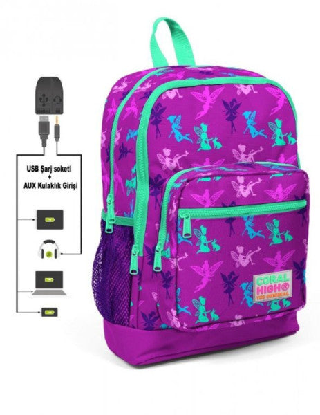 Coral High Kids Four-Eyed Girls' Primary School Bag - Fairy Printed - with USB+AUX Socket