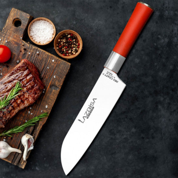 Lazbisa Kitchen Knife Set Meat Bone Vegetable Bread Fruit Chef Knife ( Santaku ) Red Craft Series
