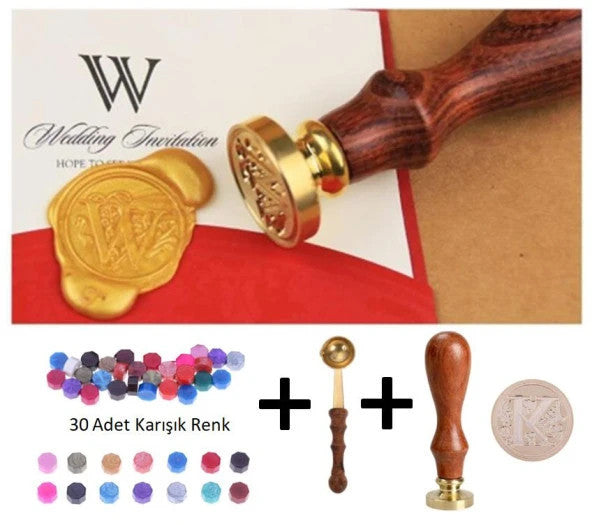 Retro Letter Seal Stamp Letter K + 30 Pieces of Seal Wax + Melting Spoon