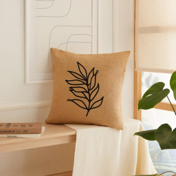 Ocean Home Textile Leaf Patterned Jute Cushion Cover 50 X 50 Cm