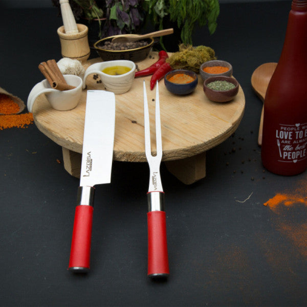 Lazbisa Kitchen Knife Set Meat Bone Vegetable Bread Fruit Chef Knife Red Craft Series (Nakiri-Long Fork)