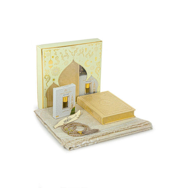 Quran With French Meaning And Medina Calligraphy And Prayer Rug Set Cream