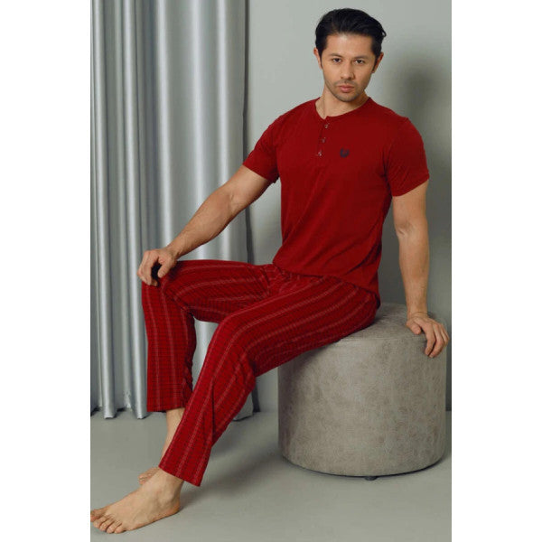 Plaid Short Sleeve Men's Pajama Set Burgundy