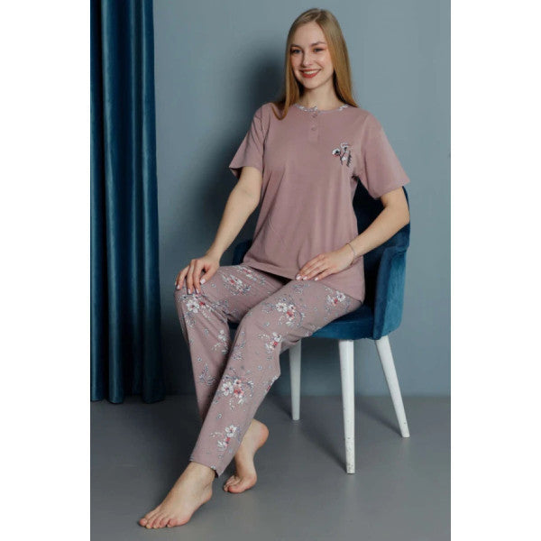 Half Buttoned Floral Pattern Pajama Set Powder Color