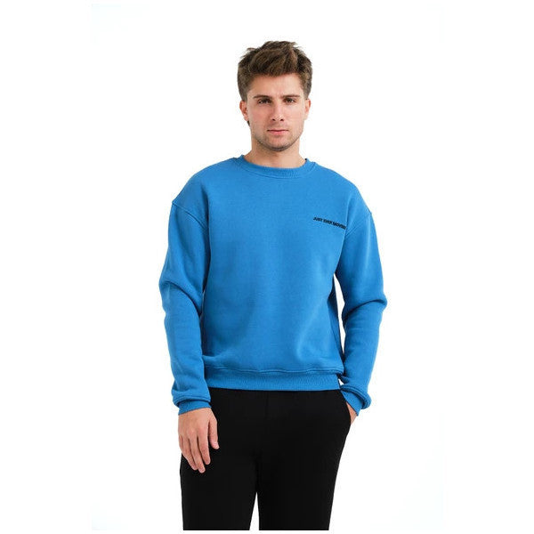 Justever Crew Neck Embroidered Raised Fleece Inside Blue Men's Sweatshirt - Volar