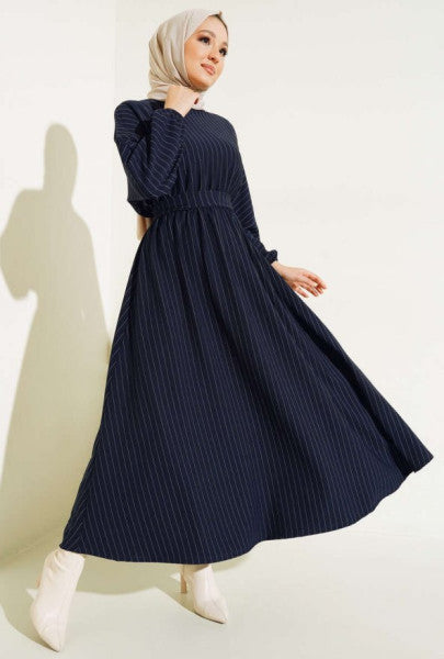 Thin Striped Belted Dress Navy Blue
