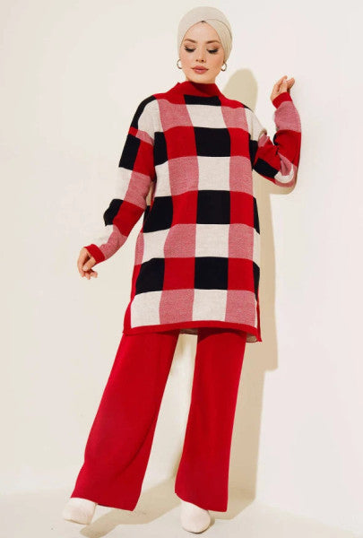 Plaid Patterned Knitwear Double Suit Red