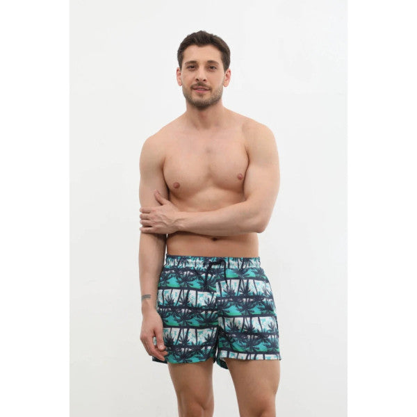 Men's Pocketed Mesh Modern Palm Tree Patterned Swim Shorts