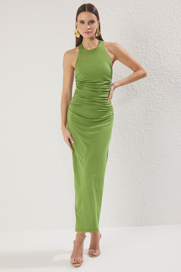 Women's Green Straight Midi Sleeveless Day And Night Slim Dress