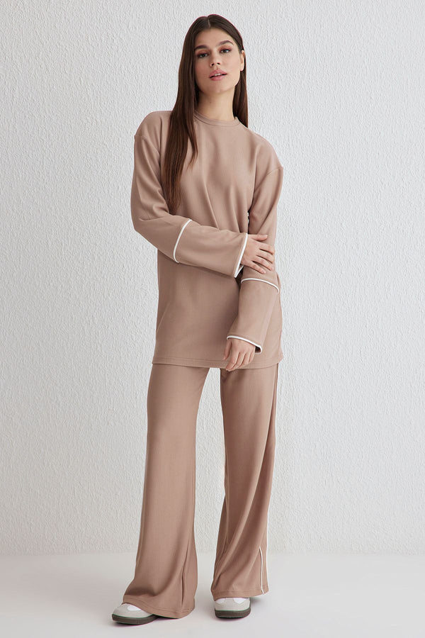 Modest Women's Brown Plain Long Casual Oversize Hijab Top - Bottom Set