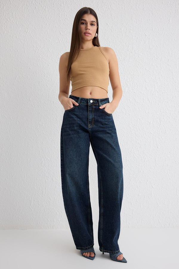 Women's Navy Blue Plain Skater Normal Waist Jeans