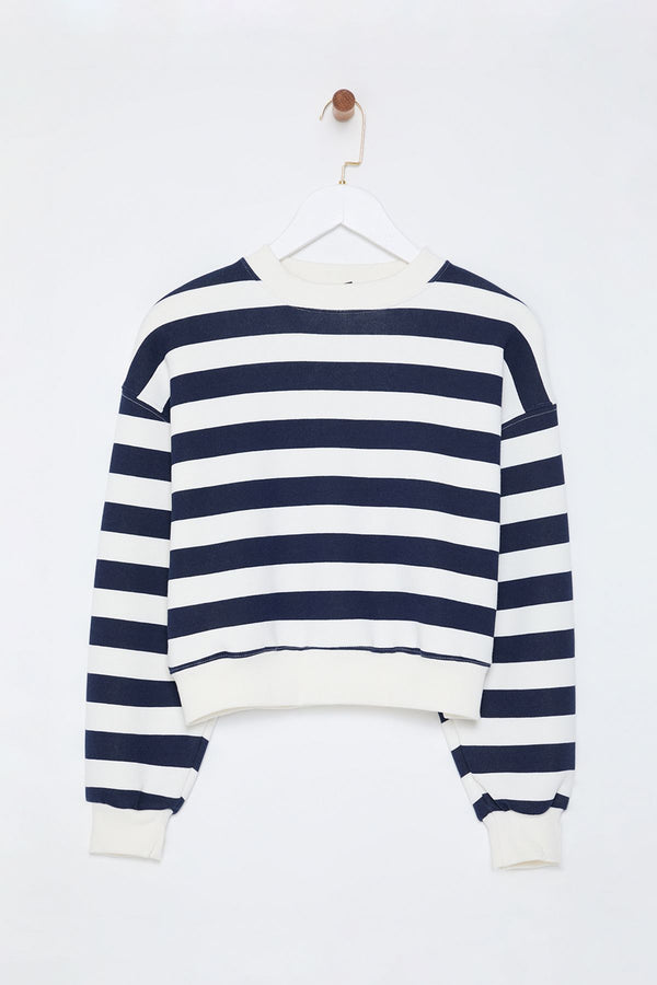 Trendyolmilla Women's Navy Blue Striped Long Regular Sweatshirt