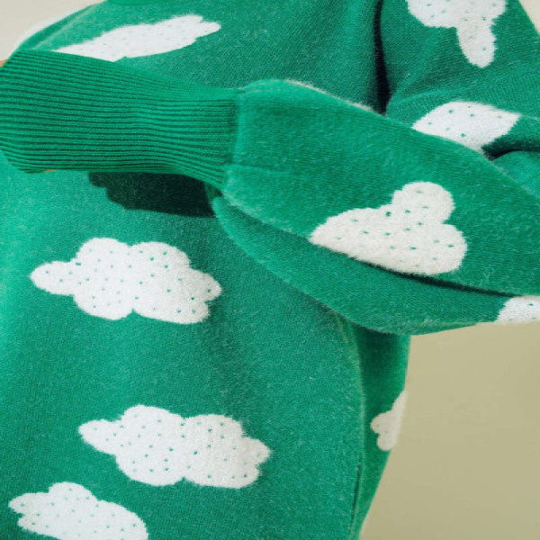 Cloud Patterned Bearded Knitwear Double Suit Green