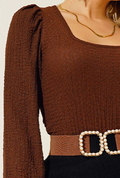 Square Neck Wrap Blouse Brown