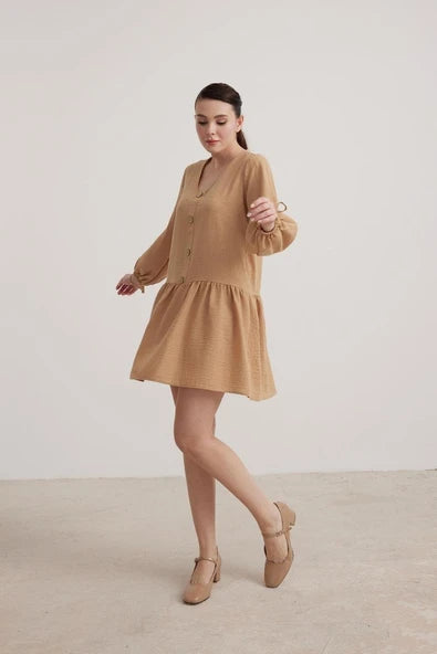 Vos Versa Women's Linen Camel Dress With Sleeve Tie Detail Vvk7260