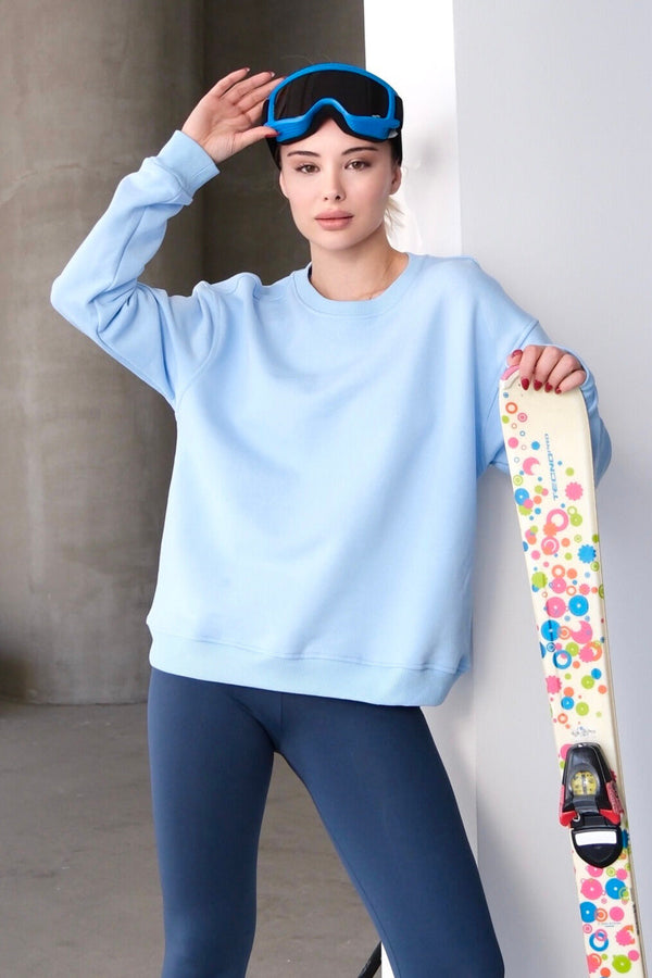 JUSTEVER Crew Neck Basic Pattern Blue Women's Sweatshirt Tracksuit Top - Aura