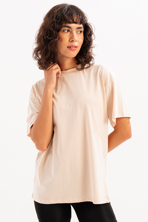 JUSTEVER 100% Cotton Oversize Fit Crew Neck Beige Women's T-Shirt - Halo
