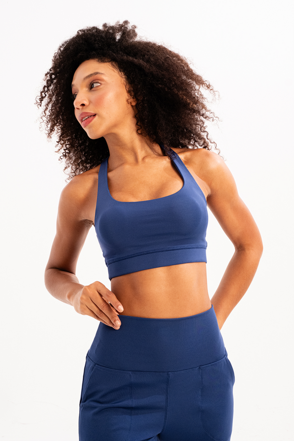 JUSTEVER Lightly Supported, Removable Padded, Navy Blue Women's Sports Bra With Back Detail - Surge