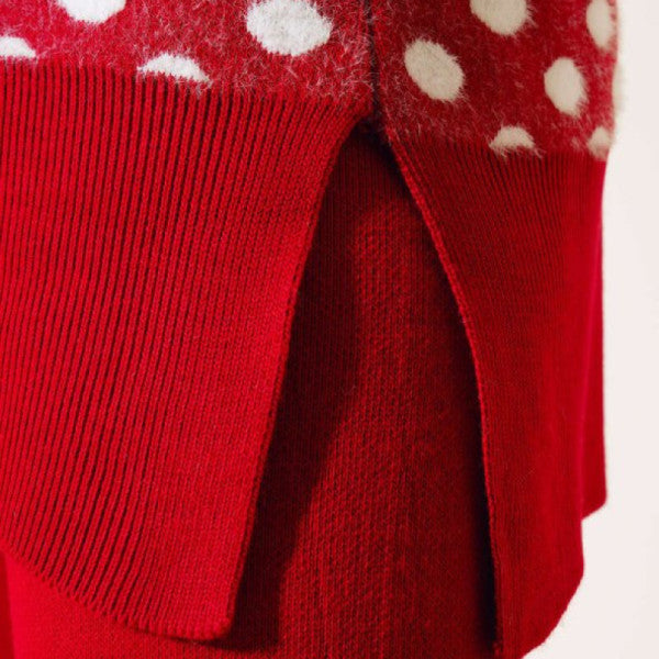 Polka Dot Patterned Bearded Knitwear Double Suit Red