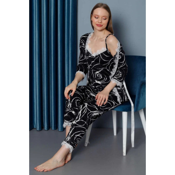 Patterned 3-Piece Pajama Set With Robe Black