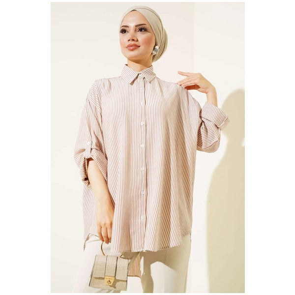 Basic Striped Oversize Shirt Beige