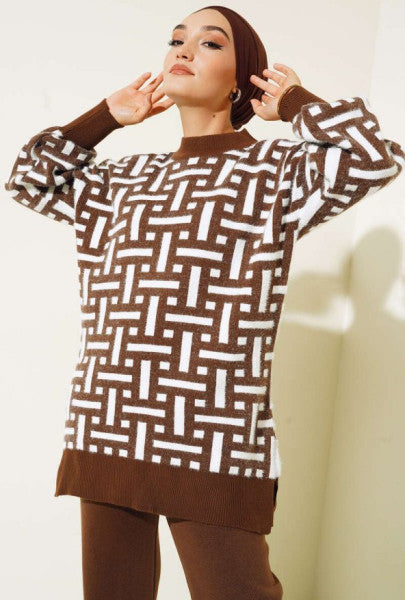 Labyrinth Patterned Bearded Knitwear Double Set Brown